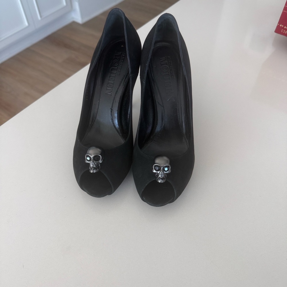 Alexander McQueen Black Peep-Toe Heels with Skull Accent